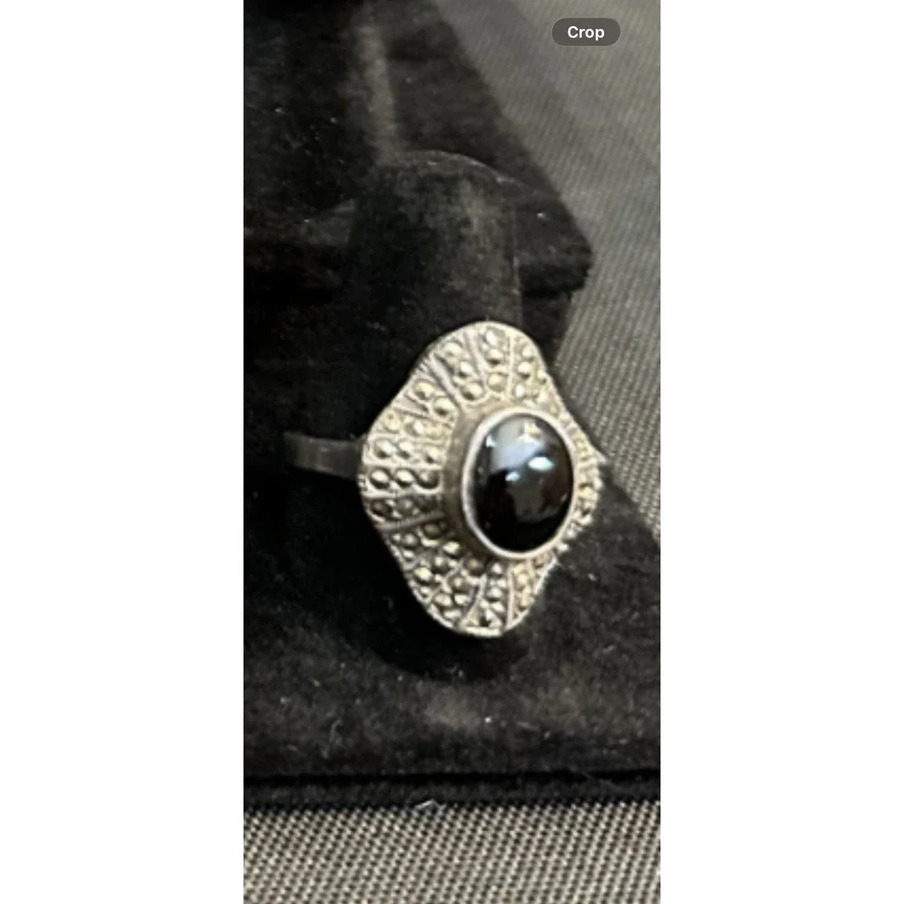 Vintage Onyx, Marcasite statement ring size 9 Stamped 925 Sterling Silver